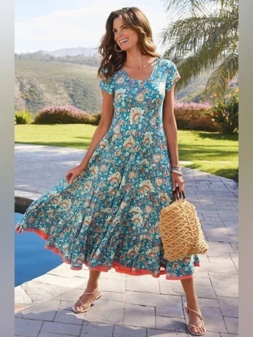 Soft Surroundings Women's Fiery Teal Short Sleeve Kara Tiered Maxi Dress Size 2X